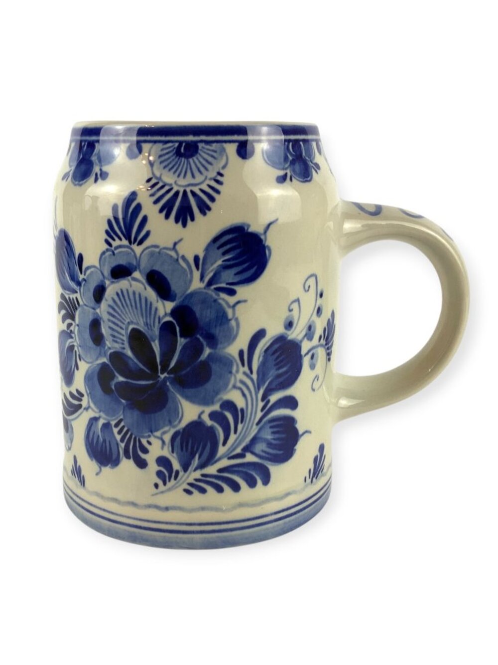 Delft Hand Painted Blue White Floral Ceramic Beer Mug Holland Collectible
